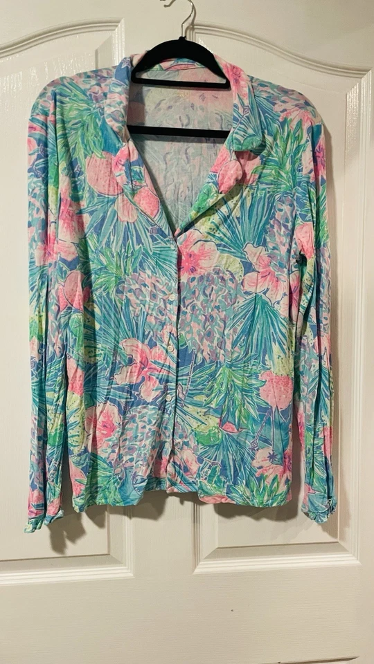 Lilly Pulitzer PJ Knit Pajama Pant L Pink Blue Floral Cozy Loungewear Sleepwear - Image 2 of 4