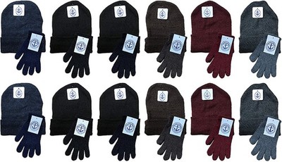 24 Units of Mens Warm Winter Hats And Glove Set Solid Assorted Colors