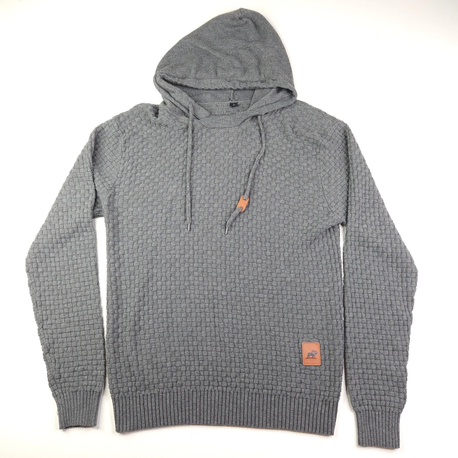 Genfien Elk Basket Weave L/S Slim Fit Pullover Sweater Hoodie Gray Men's Large