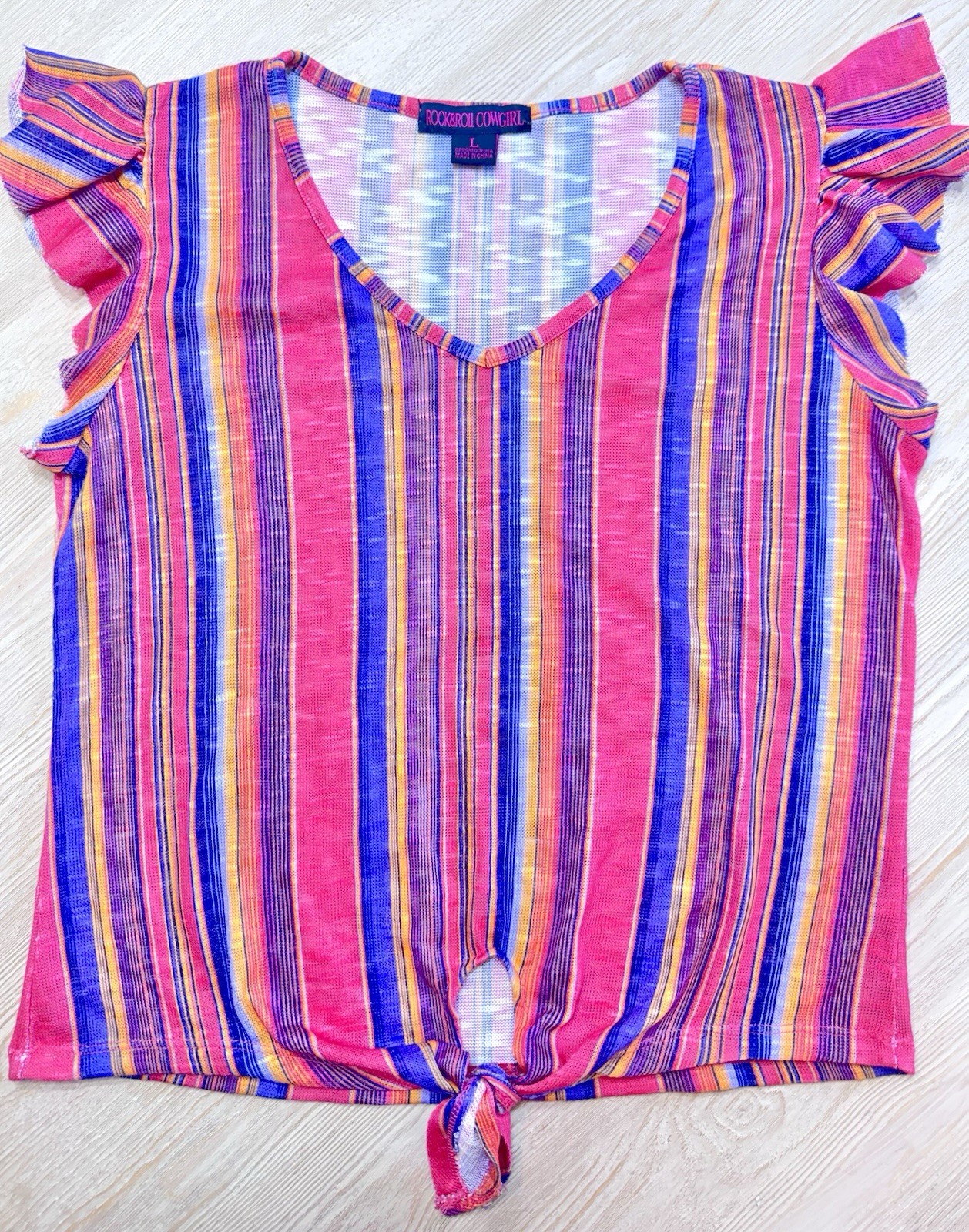 Rock & Roll Cowgirl Boho Western Top L Striped Tie Front Flutter Sleeve