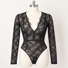 Victoria's Secret Black Lace Long Sleeve Plunge Bodysuit L 353480-01R NWOT