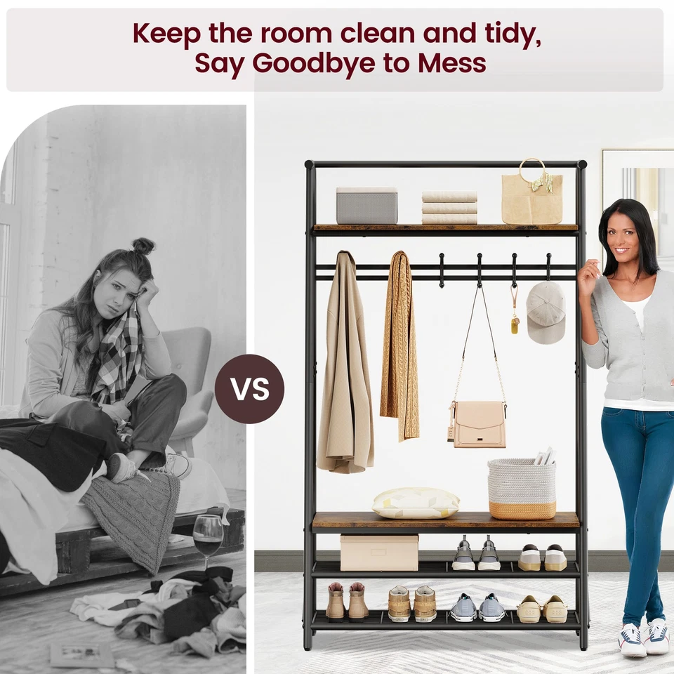 Modern 4-in-1 Hall Tree Coat Rack with Hooks, Shoe Shelf & Storage for Entryway - Image 4 of 4