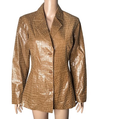 Vintage Dialogue Jacket Womens Small 100% Croc Embossed Leather Brown Tan 