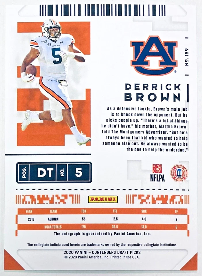 2020 Panini Contenders Draft Picks Derrick Brown Bowl Ticket Auto /99 Rookie RC - Image 2 of 2