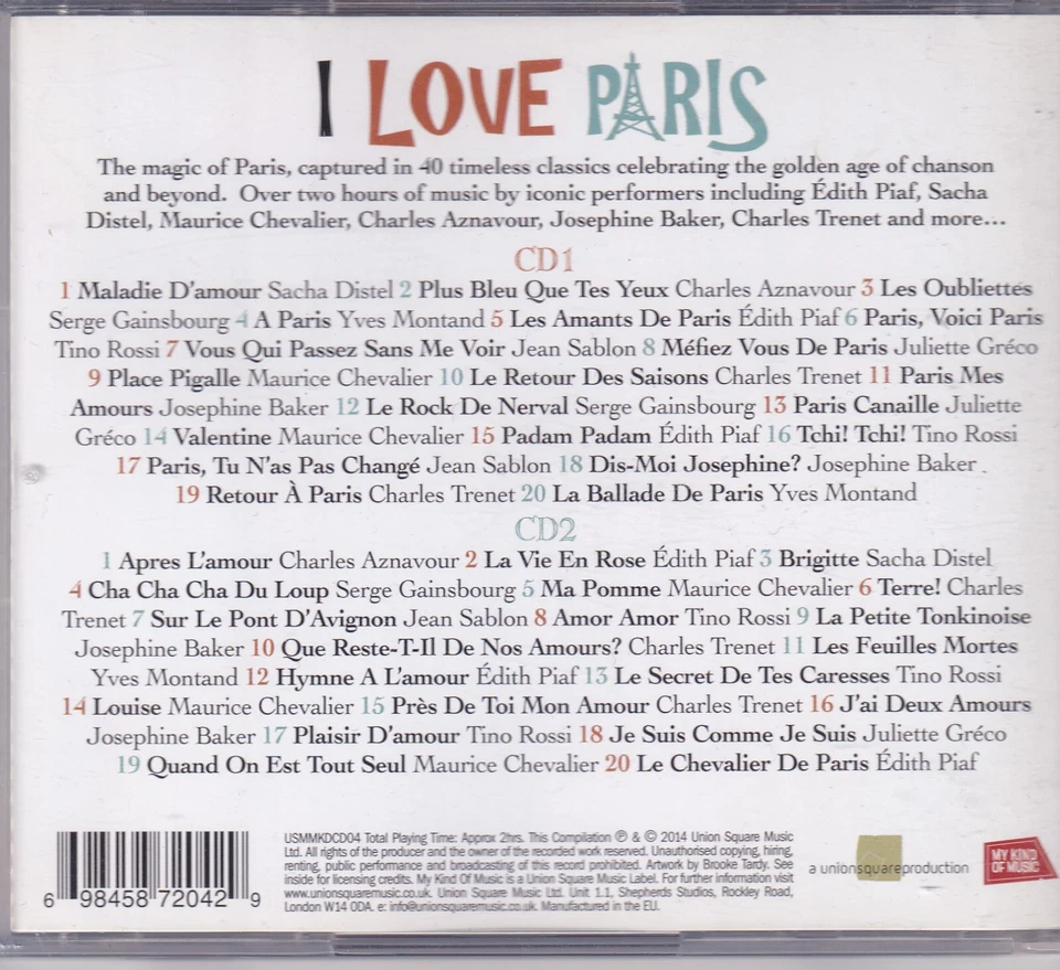 I Love Paris - 40 Classic French Love Songs (Piaf) - Union Square 2 CDs 2014 - Bild 2 von 2