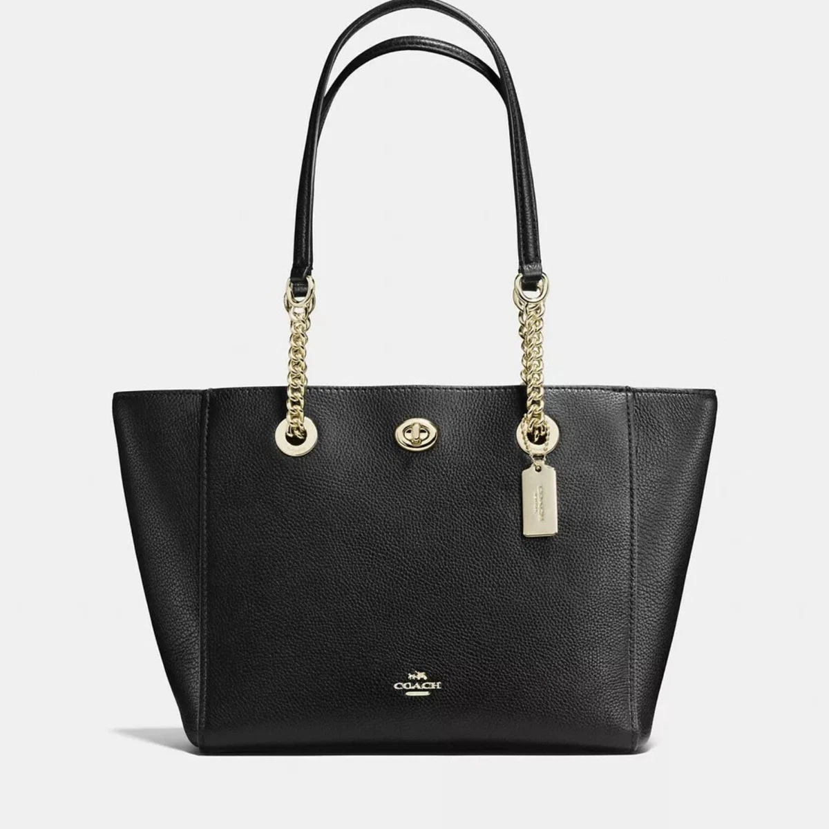 Coach Black Pebble Leather Zip Turnlock Chain Tote NWT