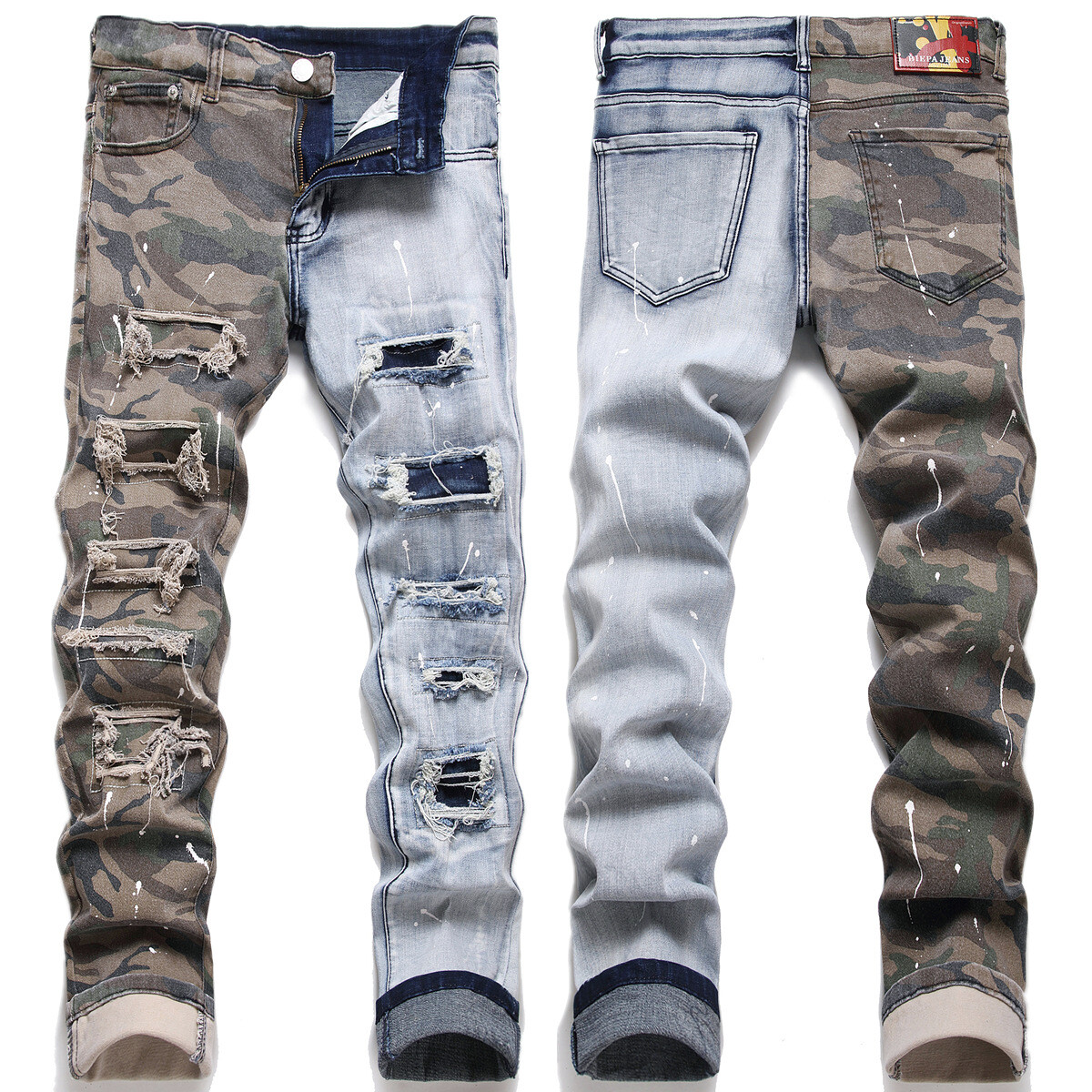 BIEPAS Ripped Camo Patch Slim Denim Jeans for Small Feet with Splicing Detail-image