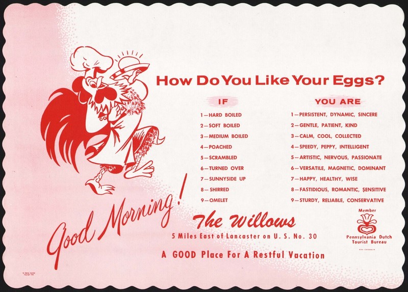 Vintage placemat THE WILLOWS restaurant cartoon chicken Lancaster Pennsylvania