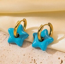 Blue Acrylic Star Gold Huggie Earrings Hoop Quirky Jewelry Gift Boho NEW