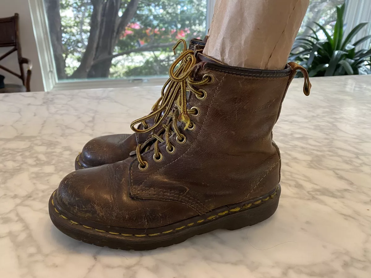 Dr. Martens Womens Boots Brown Yellow Broken In Vintage Made in England Size ?