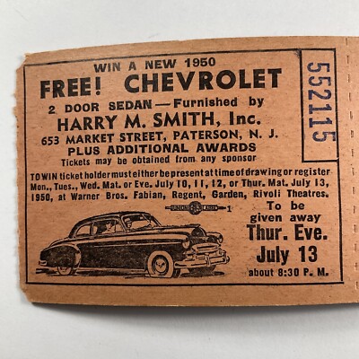 1950 Paterson, New Jersey Win Free Chevrolet Harry Smith Drawing Ticket 552115