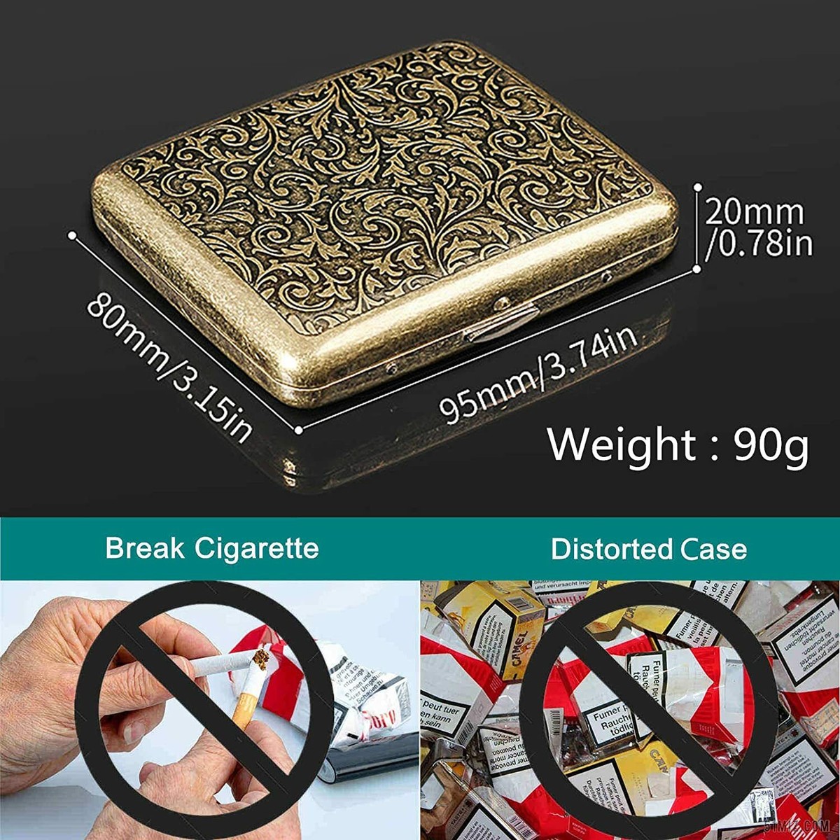 Vintage Metal Cigarette Case Box Gold Men Tobacco Holder for 20s 85mm King  Size