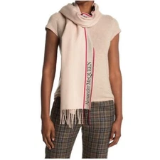Alexander McQueen Womens Pale Pink Wool Cashmere Rectangle Fringe Trim Scarf New