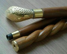 Vintage Brass Golden Sanke Head Handle Victorian Style Wood Walking Stick Cane