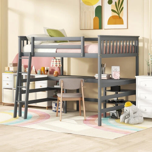 Full Size Loft Bed with Desk and Shelves Solid Wood Bed Frames Bedroom Furniture