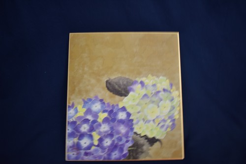JAPANESE SHIKISHI HAND PAINTED FLOWERS PURPLE AND YELLOW ART BOARD - Picture 2 of 7