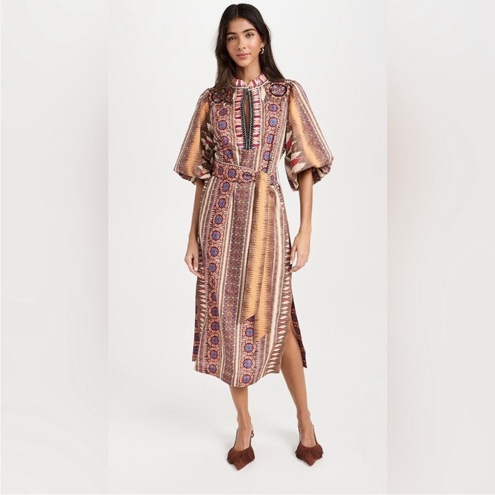 Figue Dani Belted Embroidered Studded Ikat Brown Cotton Midi Dress L NWT $648