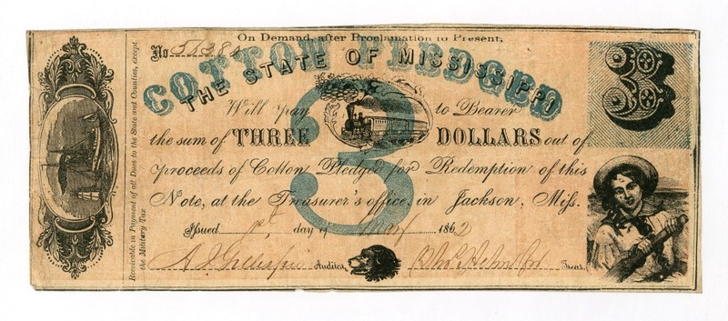 1862 Cr.23 $3 The State of MISSISSIPPI "Cotton Pledged" Note - CIVIL WAR Era