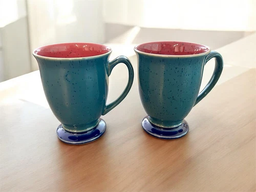 Denby England Harlequin Footed Coffee Mugs Pair Of 2 Pedestal Speckled Great