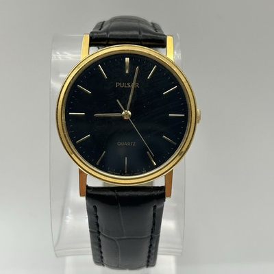 #ad #ad Vintage Pulsar Seiko Quartz Black Dial Gold Tone Watch 33mm Men New Battery $24.44