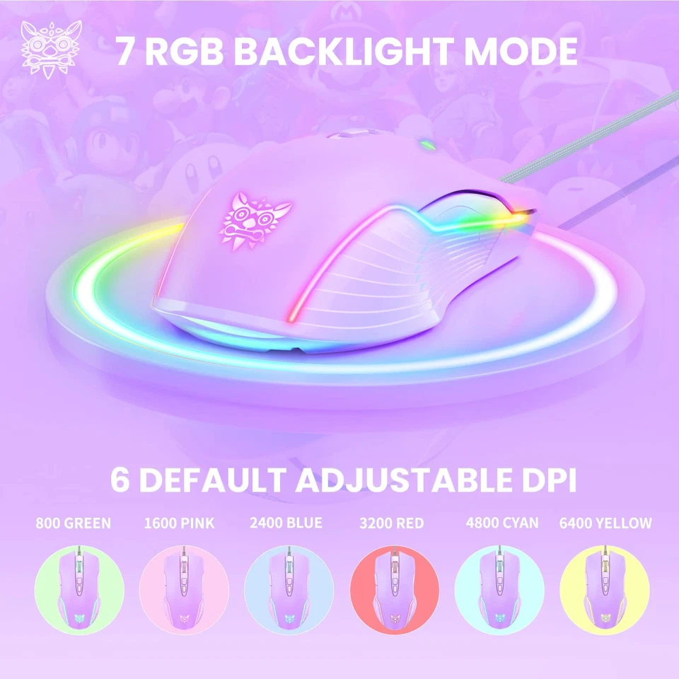 Cute RGB 6400 DPI Wired Gaming Mouse Breathing LED Optical USB 7 Buttons Game... - Image 3 of 4