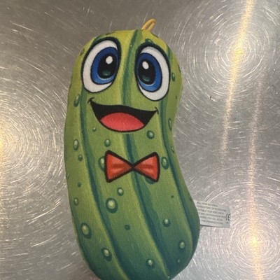Plushi Green Pickle Plush Stuffed Toy w/ Face & Red Bow Tie Small 6-14 in