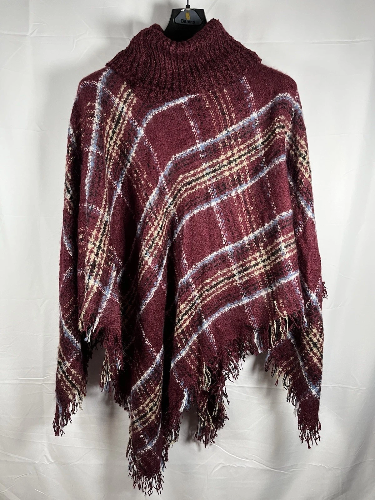 NWT Harve Benard Womens Burgundy Plaid Turtleneck Fringed Poncho/Cape One Size