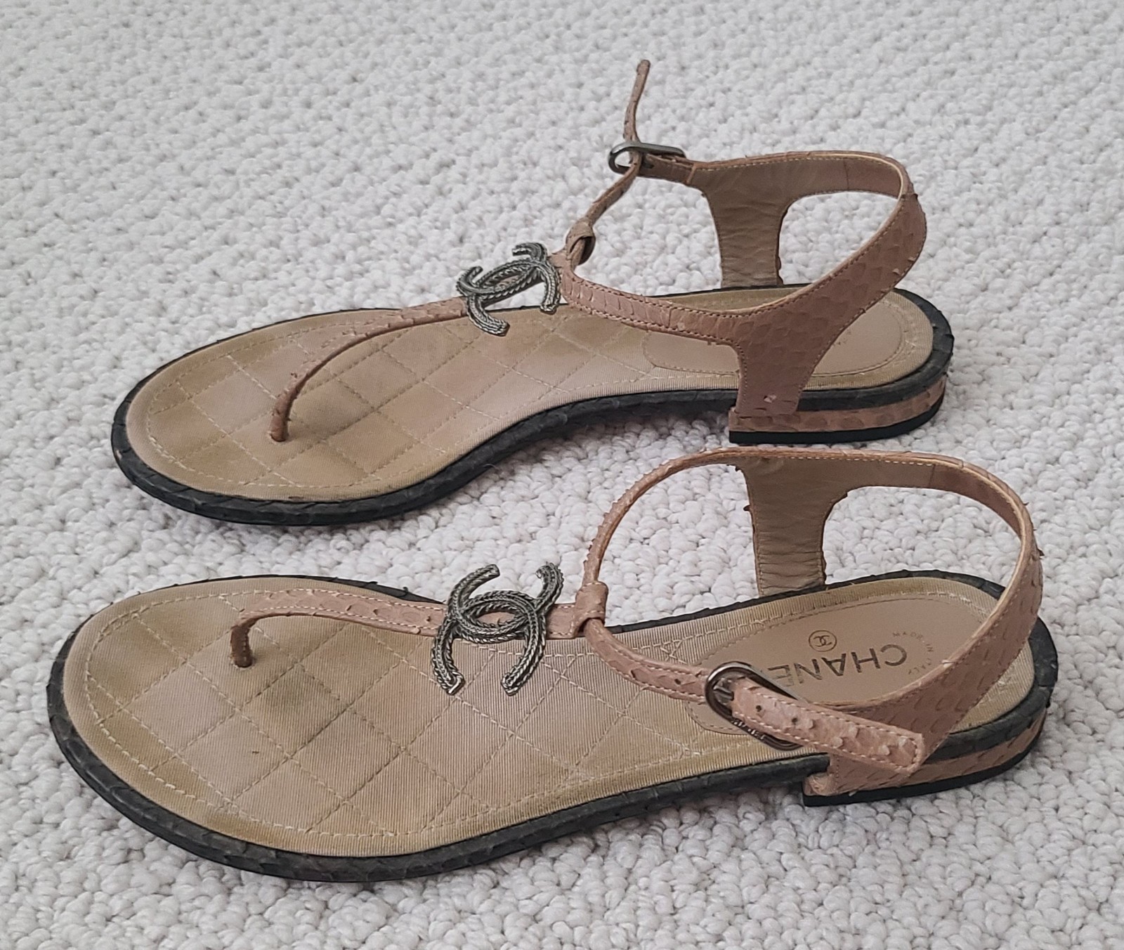 CHANEL Python Leather CC Logo T-Strap Sandals Tan… - image 3