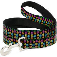 Dog Leash Smiley Faces Melted Mini Repeat Black/Multi Neon WIDE 1.5"