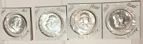 4 Unc. Proof Ben Franklin Half Dollars, 1960-P, 1961-P, 1962-P, 1963-P. Lot of 4