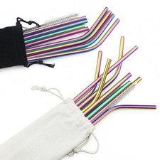 11PCS Stainless Steel Reusable Drinking Straws Set Metal Straws Brush Bag