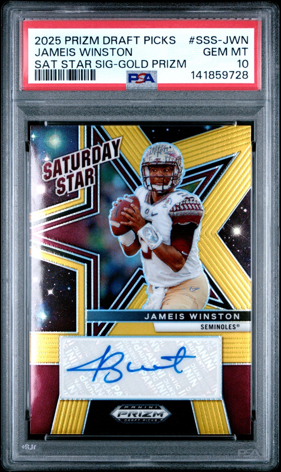 JAMEIS WINSTON 2025 PANINI PRIZM DRAFT GOLD SATURDAY STAR AUTO SP 10/10 PSA 10