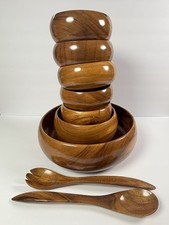 Waikiki Monkey Pod Wood Salad Bowl Set 10 Bowls, 2 Serving Bowl w/ Fork & Spoon