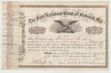 Antique stock Certificate 1867 First National Bank Frederick MD , Eagle Vignette
