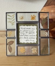 Vtg Botanical Pressed Flowers Leaded Glass 2.5x2.5 Picture Frame 5  Cottage Core