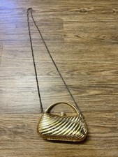 Vintage Gold Metallic Hard Shell Evening Clutch Bag Rhinestone Clasp Chain Strap