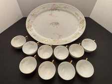 Antique Theodore Haviland Limoges Hand-painted Floral Teacups & 16" Platter - EC