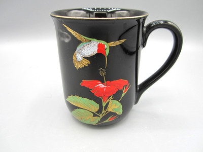 Otagiri Japan VTG Glossy Black Red Hummingbird Hibiscuc 9 oz Coffee Tea Mug (503