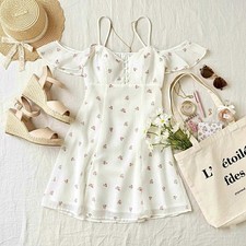 NWT FOREVER 21 Woven Mini Dress Womens M White/creme Floral Stretch Off Shoulder