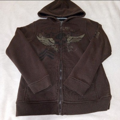 Helix Boys Full Zip Hoodie Brown Skater Y2K Graphic Sherpa Lined Sz L Youth
