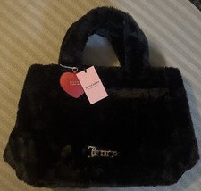 Juicy Couture  Faux Fur  Furry 16"x 12" Tote Bag Purse BLACK  New W/Tags