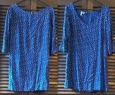 👗🛍 MNG by Mango Blue Cream Heart Print 3/4 Sleeve Shift Mini Dress ~ 8 M3020