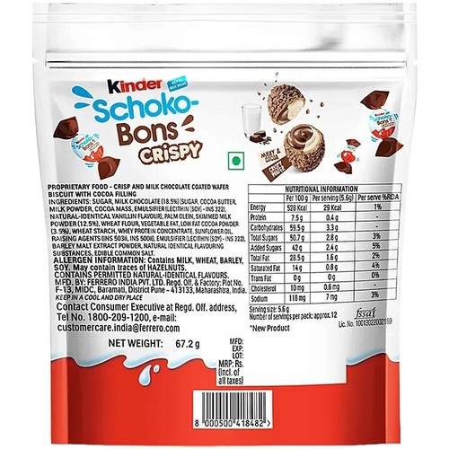 1X kinder schoko bons crispy with milk and cocoa crispy wafer bons 67.2 gm - Picture 3 of 3