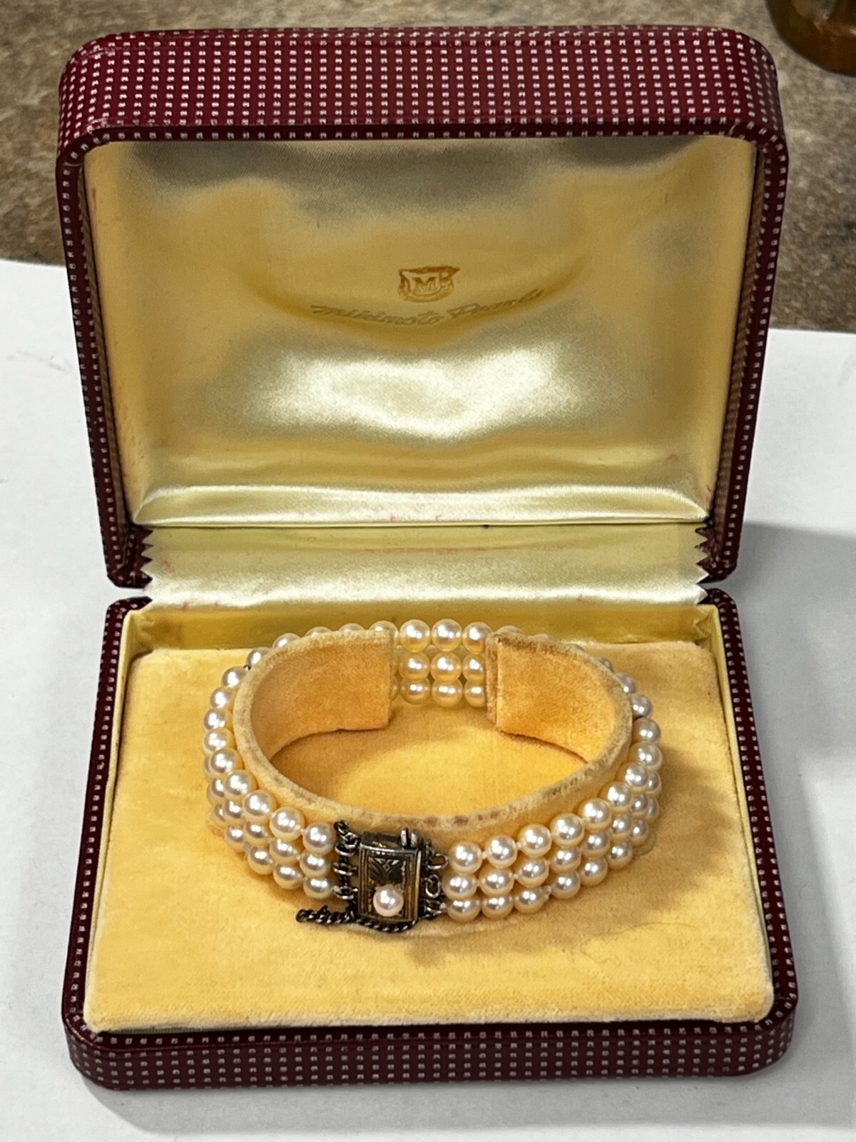 Mikimoto Three Strand 5mm Pearl Bracelet w/ Sterling Silver Clasp & Box