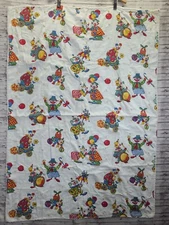 Vintage Unbrande Circus Clowns Perform w Dog Novelty Print Baby Blanket Pom Poms