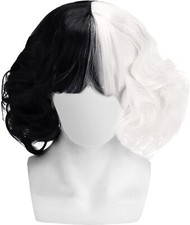 Cruella Wavy Black & White Two Colour Wig Half Short Wavy Party Halloween Fancy