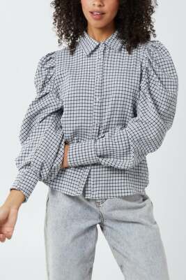 Ladies Women QED London Puff Sleeve Checked Shirt