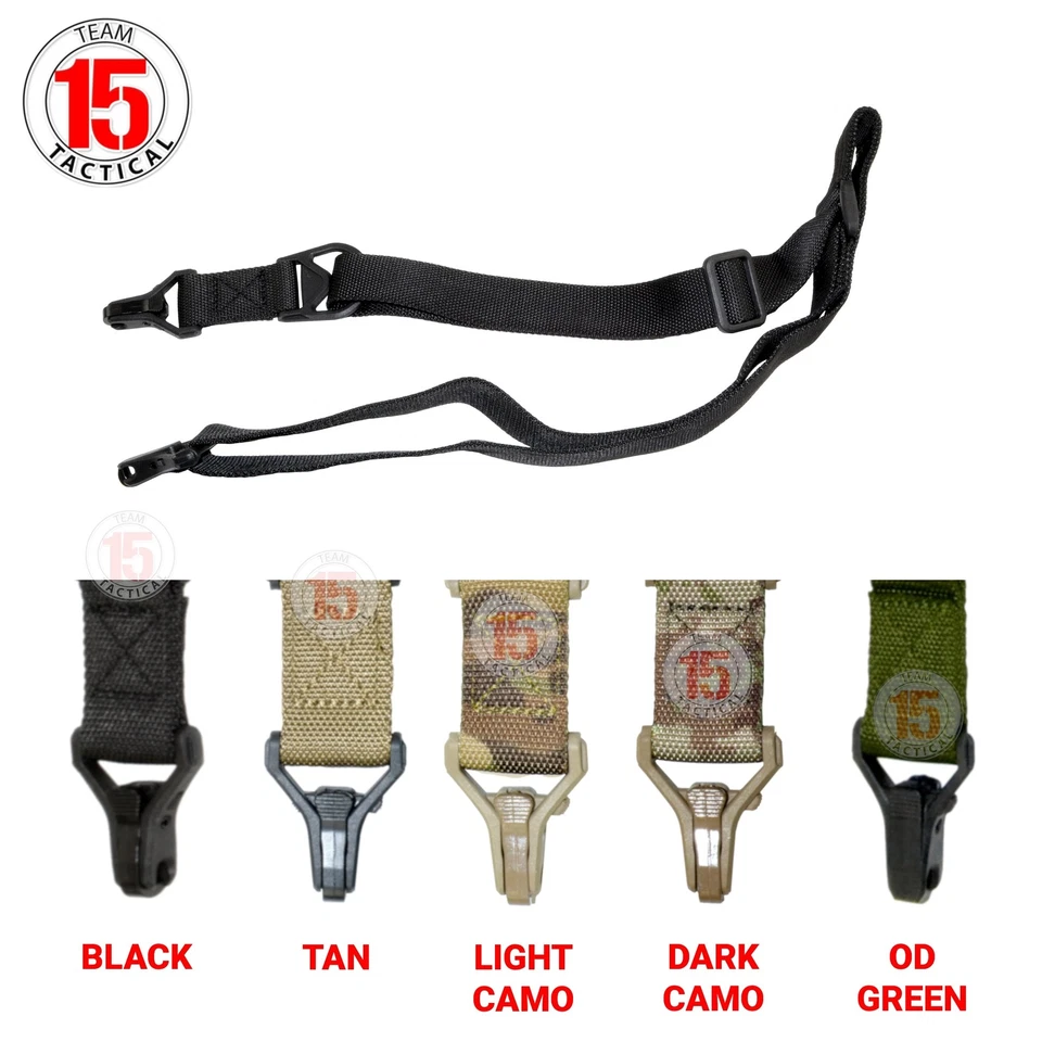TEAM 15 TACTICAL 2 Point Sling Strap w Quick Release Detach Hooks Heavy Duty Nylon- Color Options