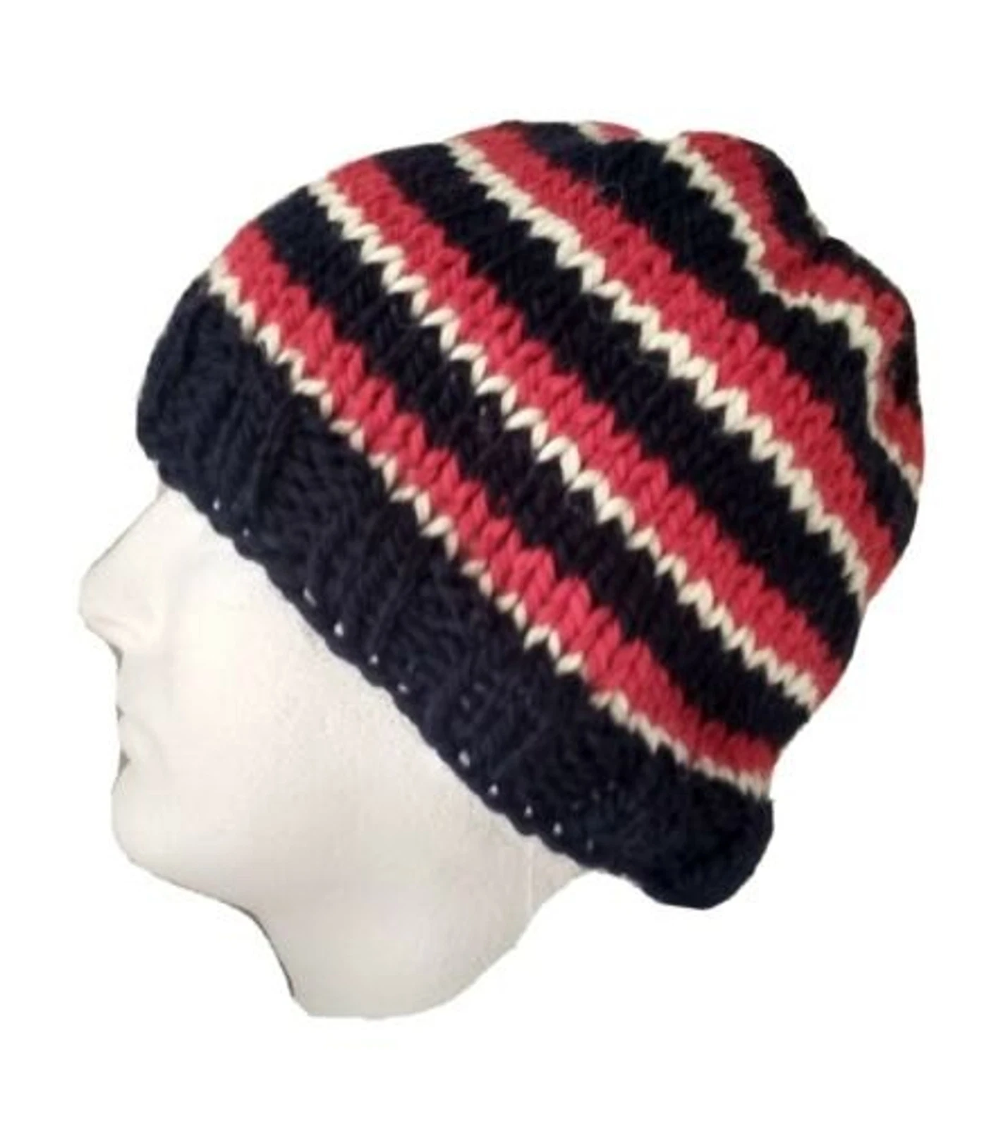 Handmade Mens Beanie Hat Alpaca Wool Cap Soft Chunky Knit Red White Blue USA
