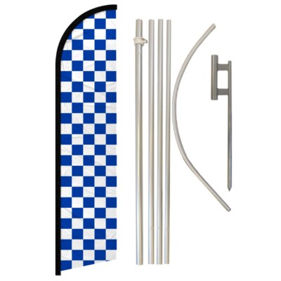 Blue & White Checkered Windless Banner Swooper Advertising Flag Pole Kit Racing